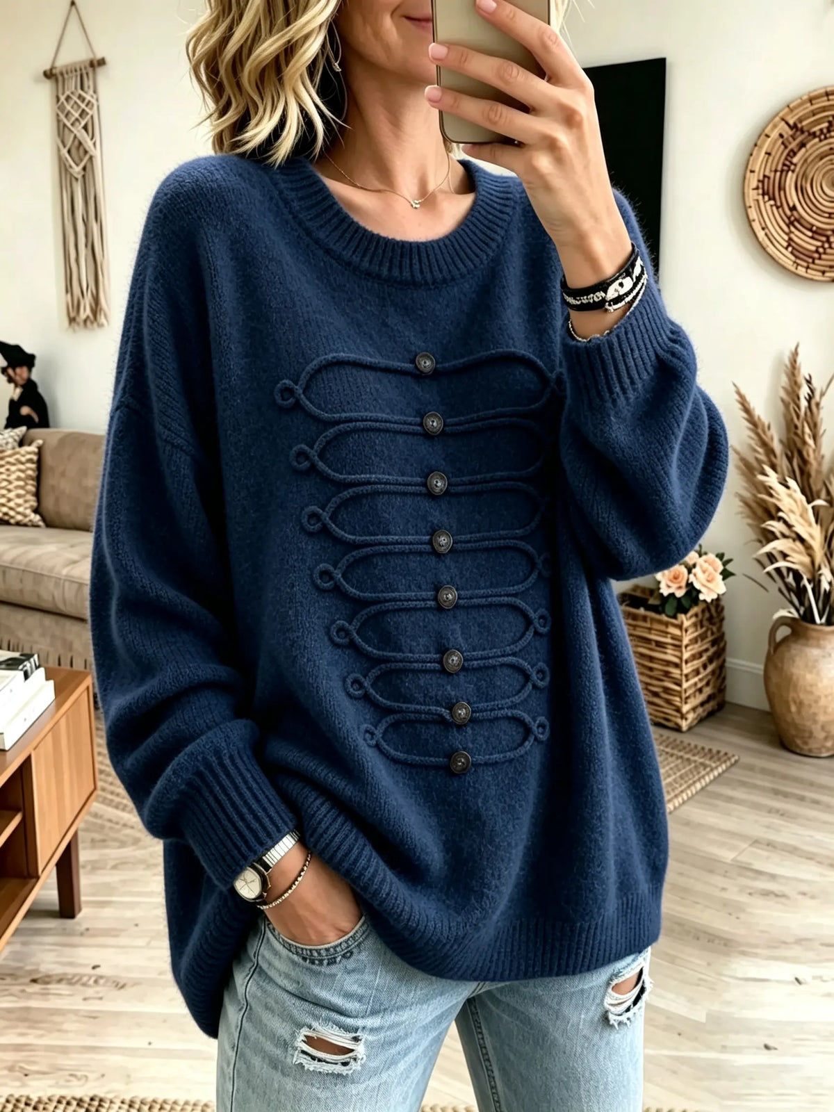 Women's Military Braided Frogs Crewneck Sweater