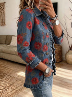 Women Denim Floral Print Ruffle Trim Lapel Button Jacket