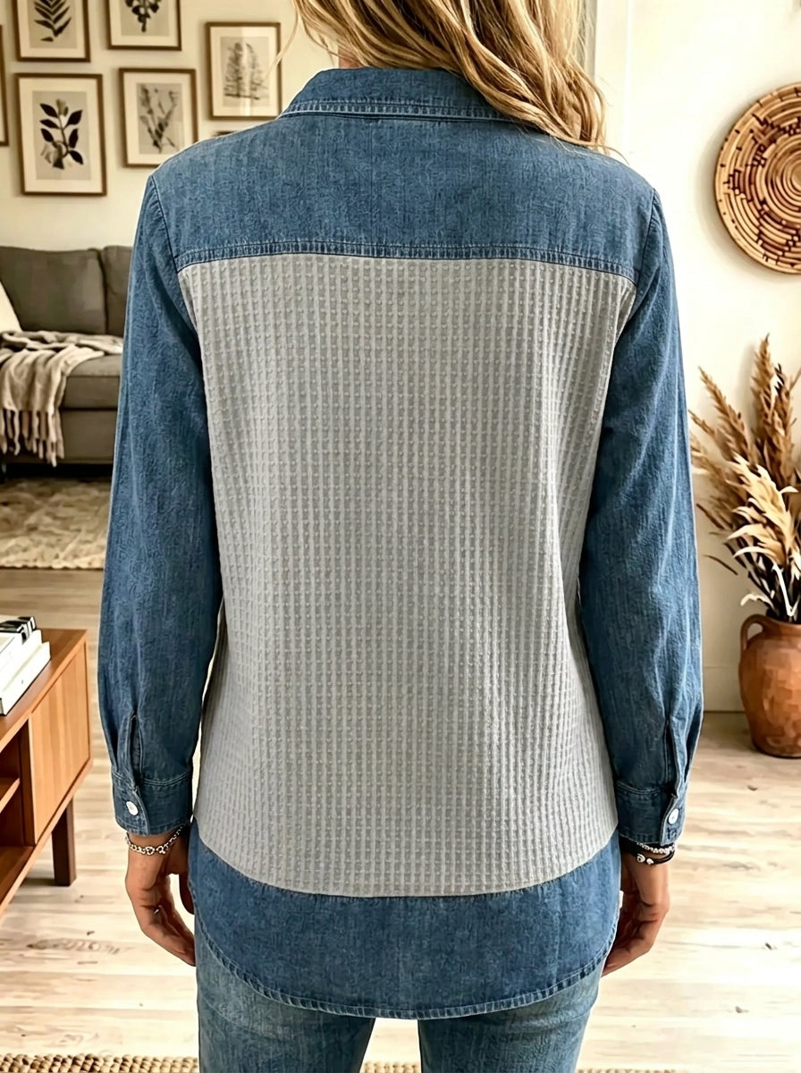 Women's Denim Contrast Waffle Knit Henley Top