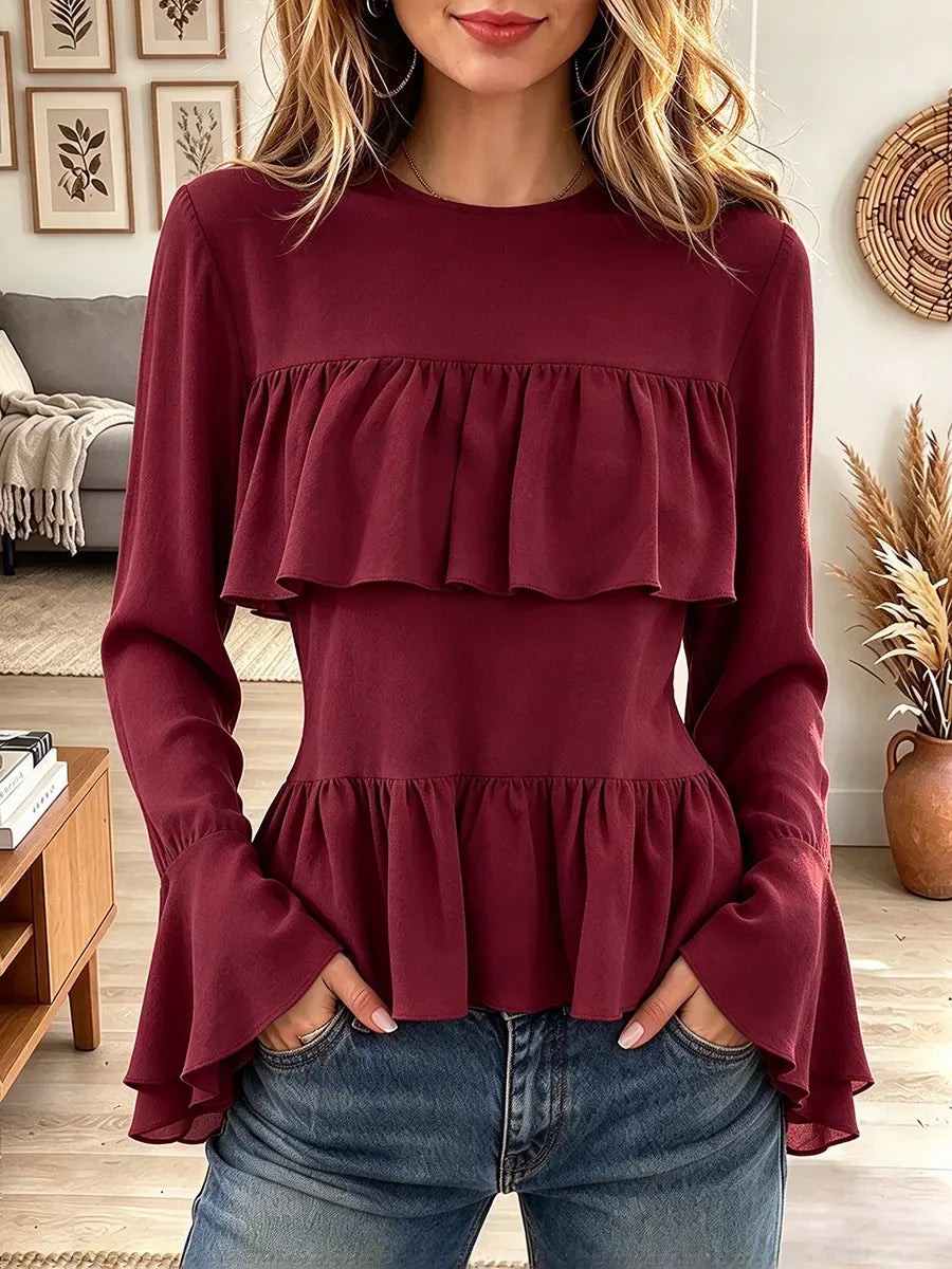 Women's Round Neck Tiered Ruffle Blouse