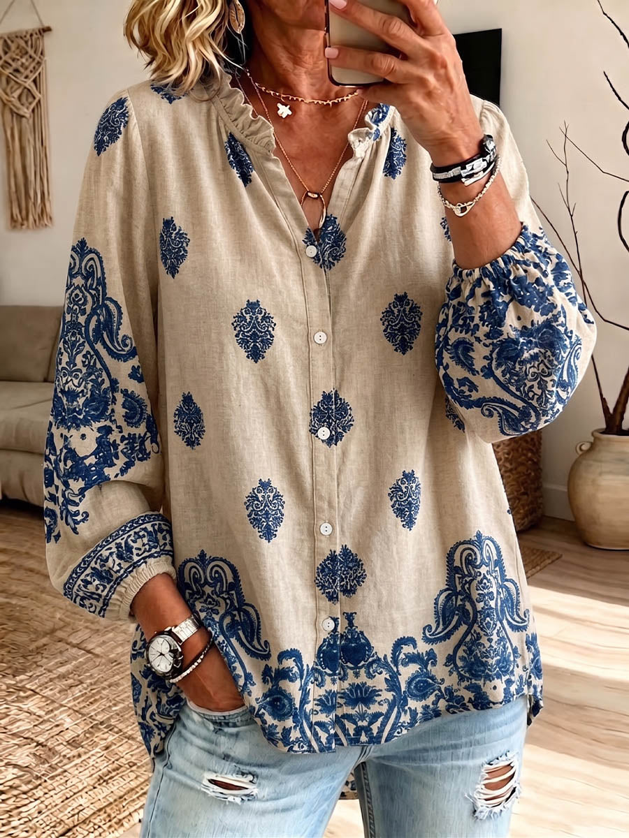 Vintage Elegant Button Long Sleeve Patterned Shirt