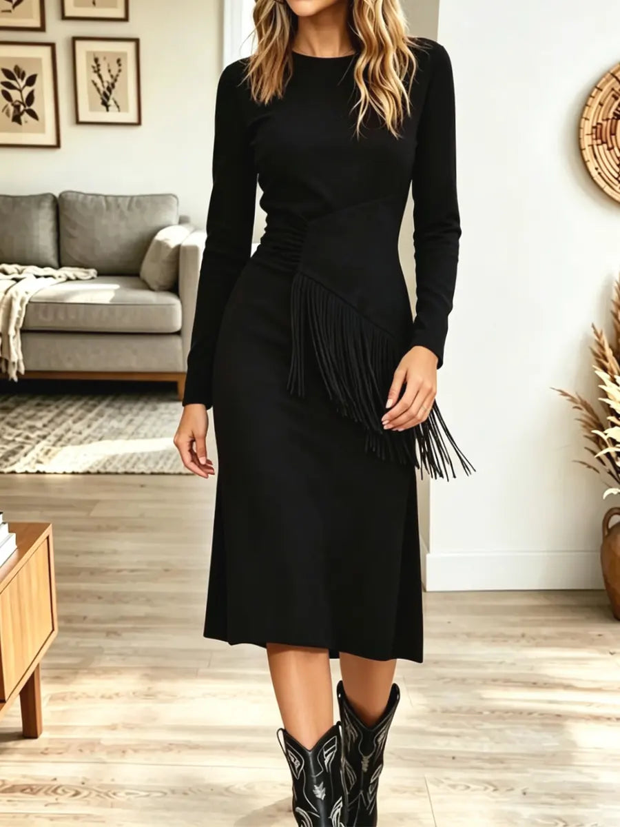 Retro Western Fringe Patchwork Art Casual Stylish Long Sleeve Midi Dress