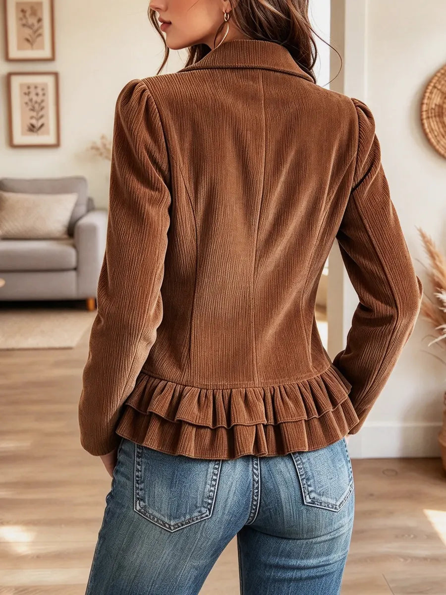 Retro Ruffle Lapel Art Casual Stylish Corduroy Long Sleeve Coat