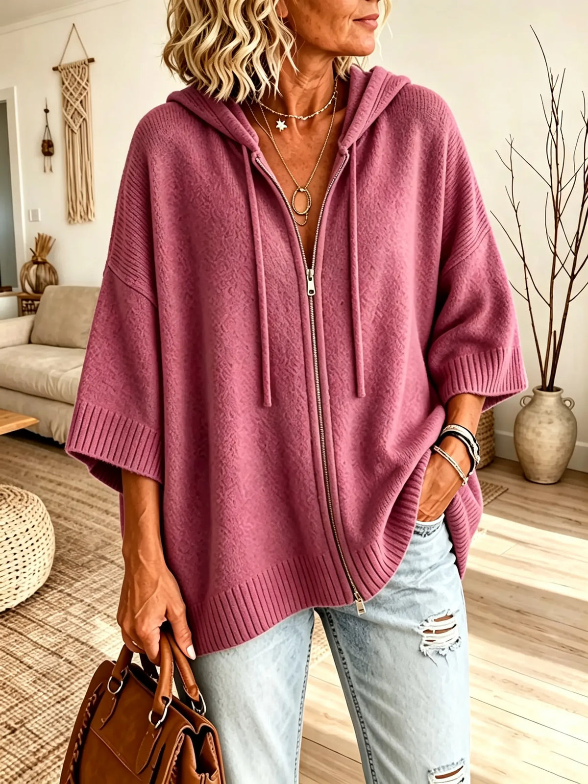 Women Solid Texture 3/4 Sleeve Zip Up Hooded Knit Top