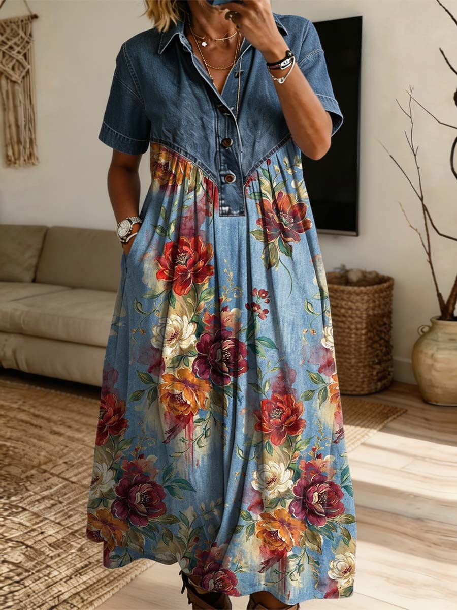 Vintage Floral Pattern Art Print Casual Stylish Lapel Denim Patchwork Dress