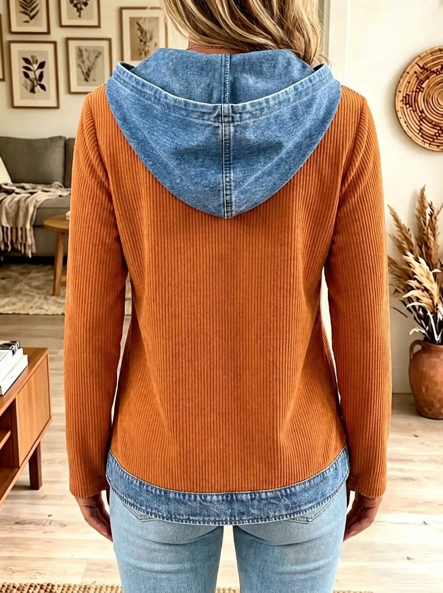 Women's Denim Patchwork Half-Zip Ribbed Hooded Top