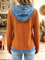 Women's Denim Patchwork Half-Zip Ribbed Hooded Top