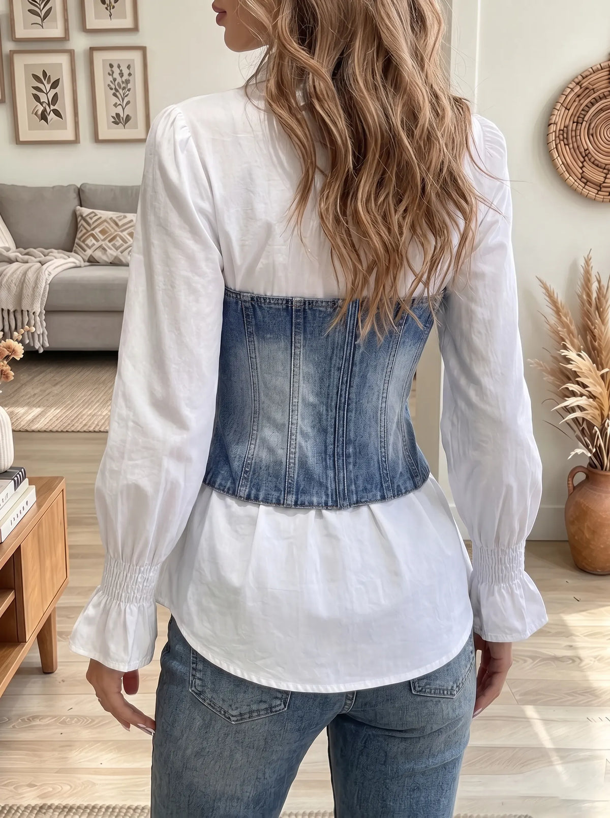 Women's White Button-Up Shirt with Studded Denim Corset Overlay