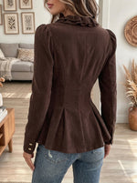 Women's Brown Corduroy Ruffle Peplum Jacket with Gold Buttons