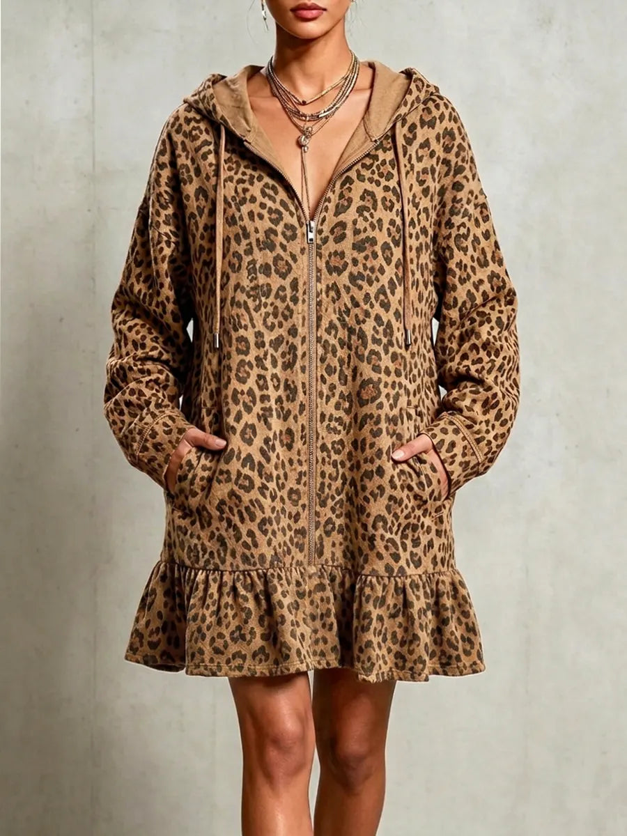 Retro Leopard Pattern Ruffle Art Casual Stylish Cotton Linen Mini Dress