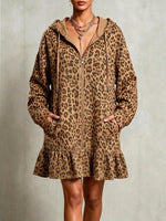 Retro Leopard Pattern Ruffle Art Casual Stylish Cotton Linen Mini Dress