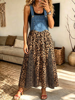 Women Denim Leopard Patchwork Overall Maxi Dress Sleeveless Boho Suspender Dress
