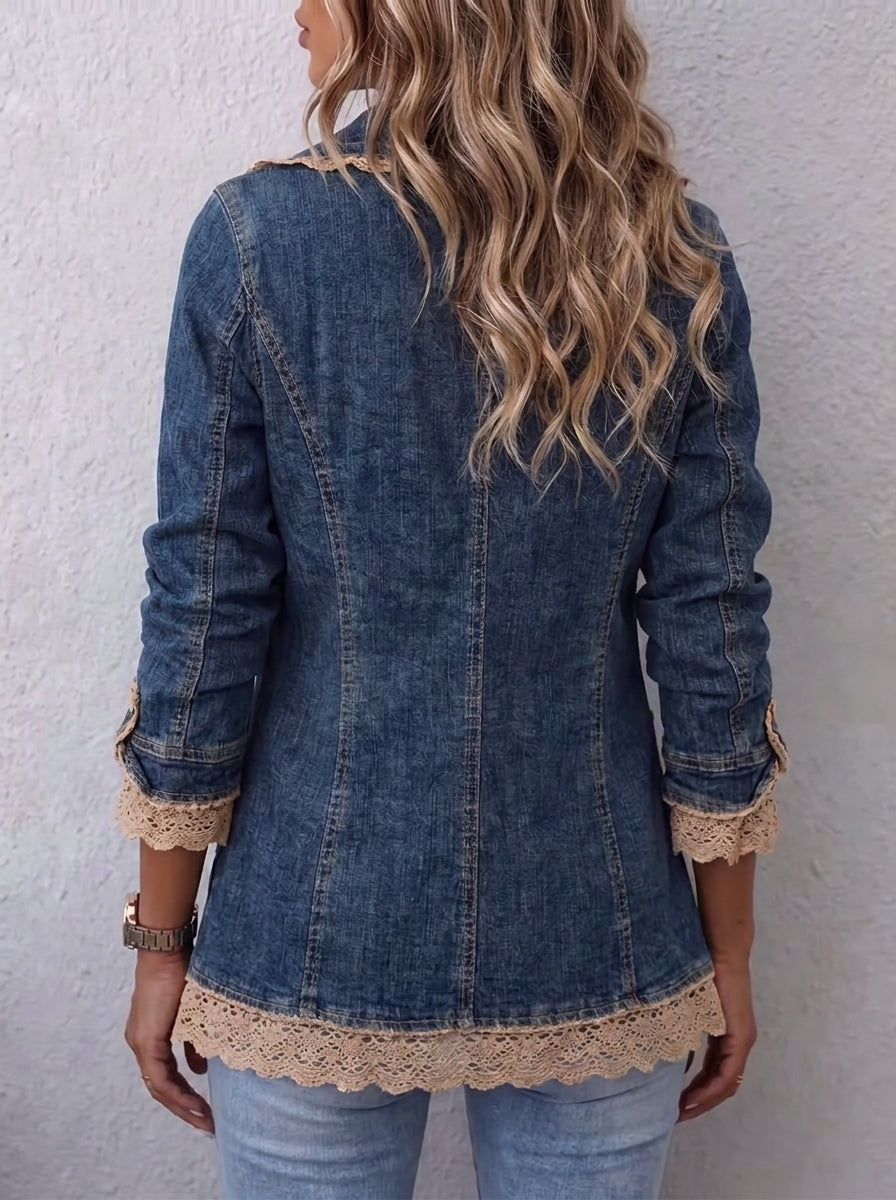 Women Lapel Ruffle Lace Trim Denim Jacket Single‑Button Long Sleeve Casual Blazer Coat With Pockets