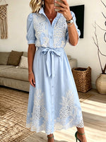 Women Eyelet Embroidery Belted Shirt Midi Dress With Puff Sleeves