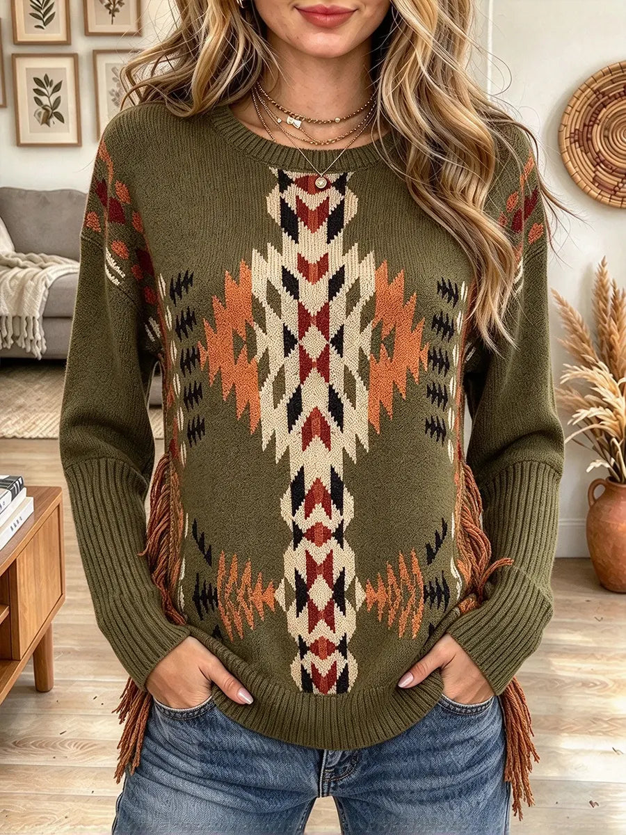 Women's Aztec Geometric Print Tassel Crew Neck Sweater