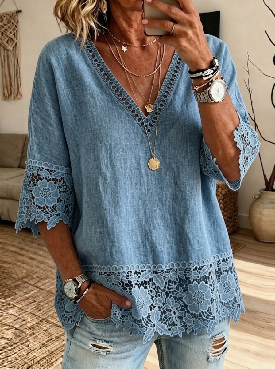 Womens V Neck Lace Trim Washed Denim 3/4 Sleeve Loose Blouse