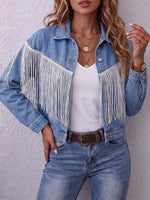 Vintage Elegant Denim Patchwork Tassels Jacket