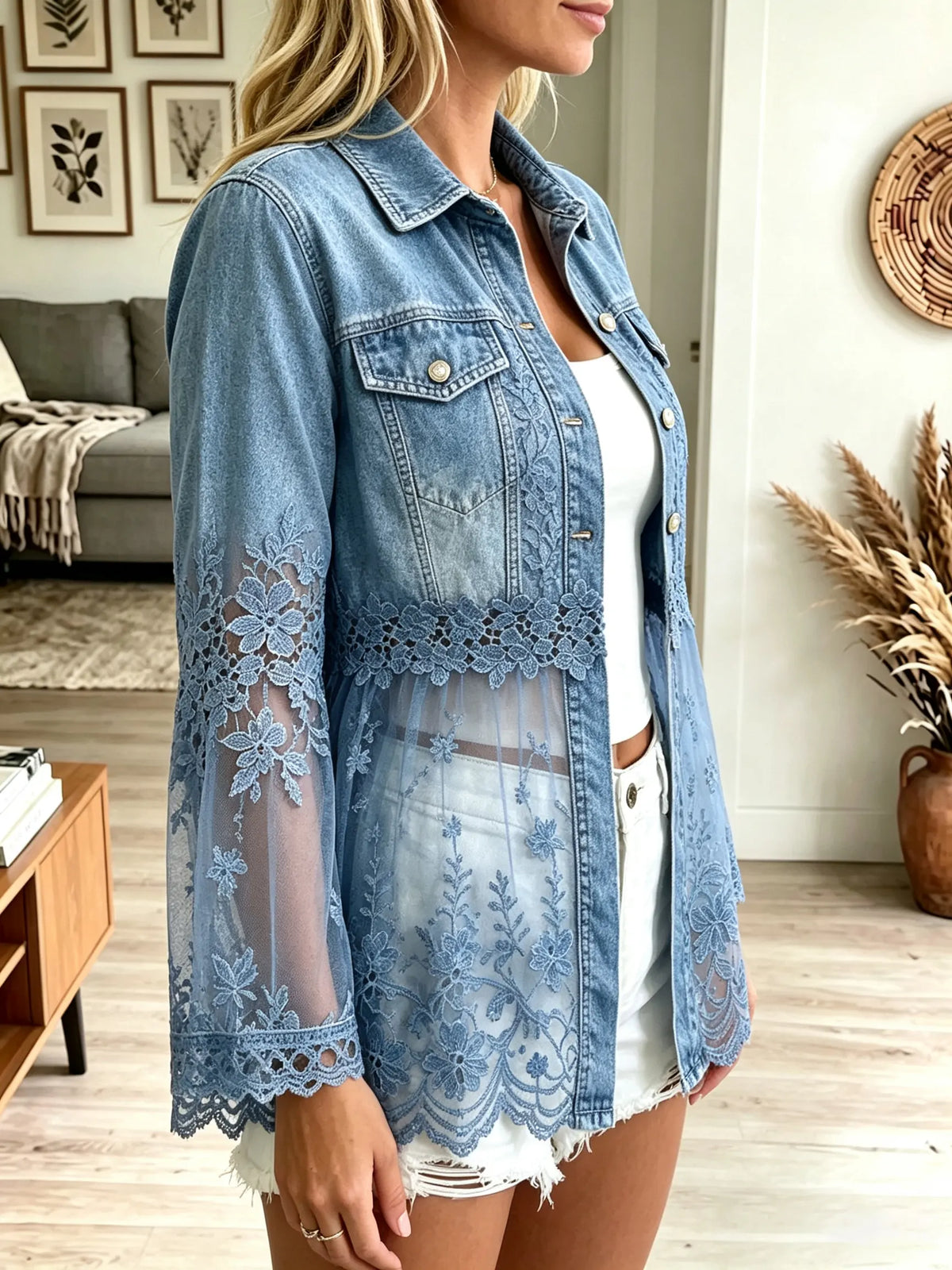 Women's Sheer Floral Lace Hem Denim Shirt Jacket