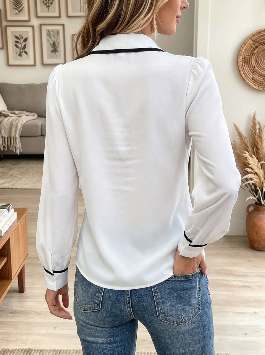 Women's Contrast Trim Tie-Collar Blouse