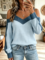 Women's Denim Yoke Cold-Shoulder Waffle Top
