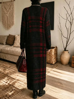 Women's Black And Red Checkered Plush Turtleneck Knitted Maxi Dress