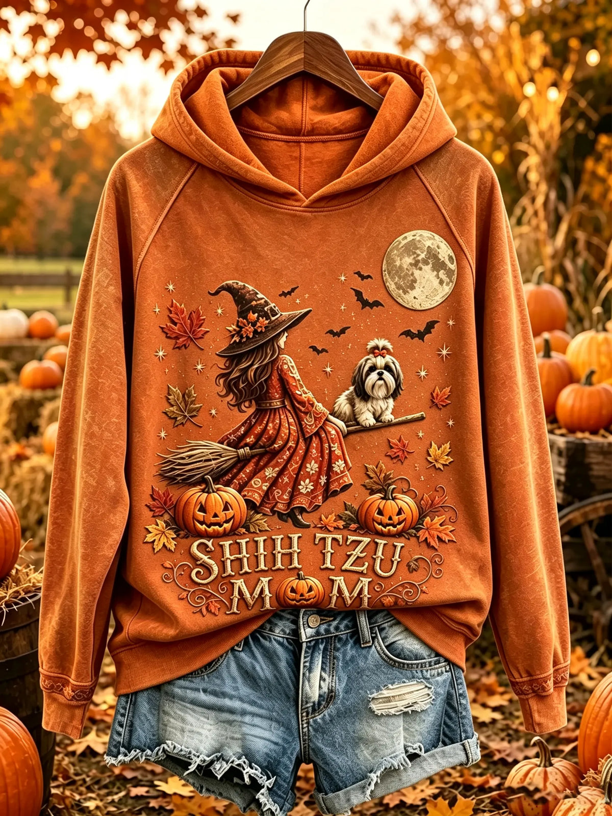 Women's Shih Tzu Mom Flying Witch Graphic Hoodie
