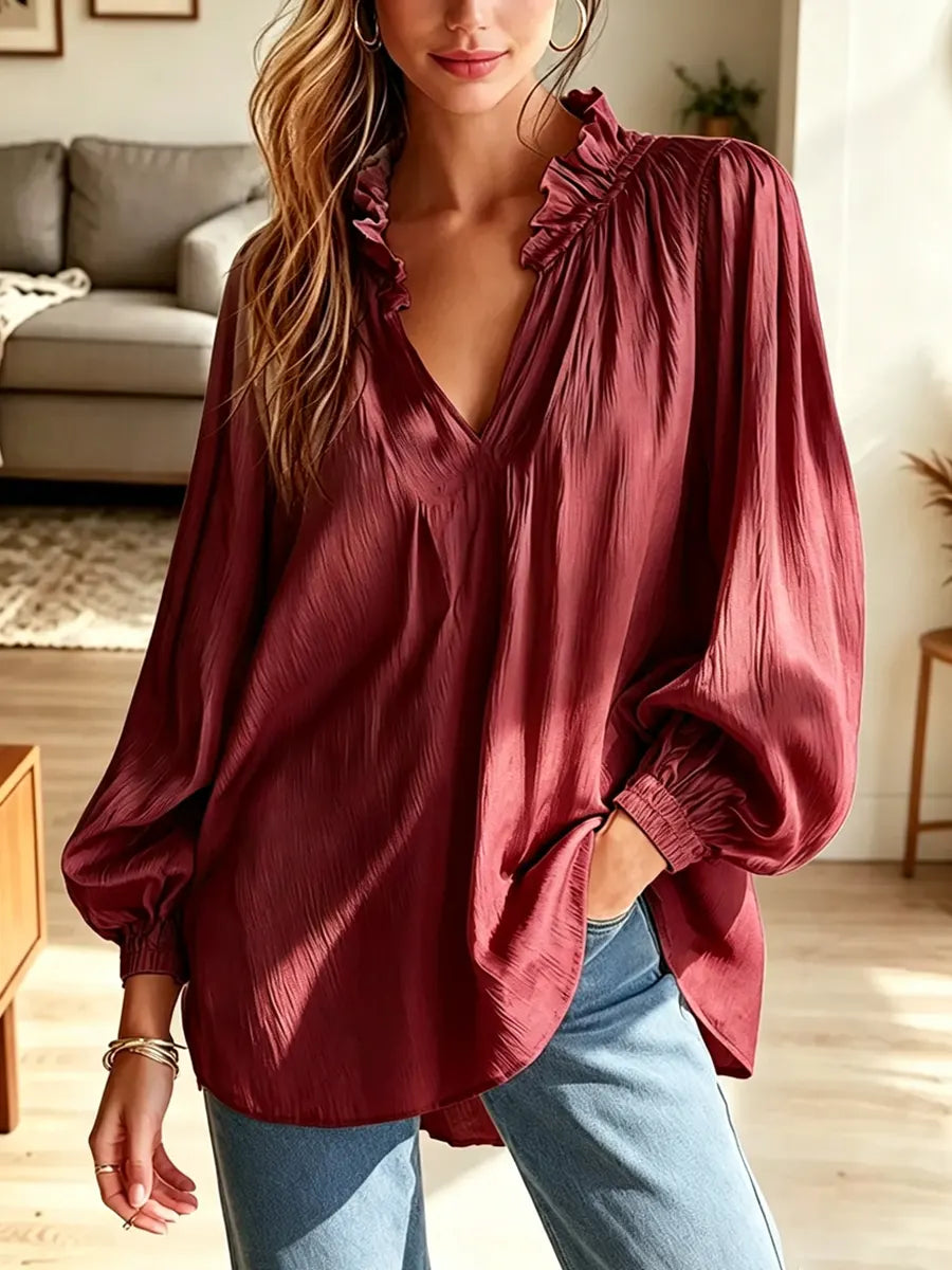 Elegant Solid Color Ruffle Art Stylish Casual Long Sleeve Cotton Linen Shirt