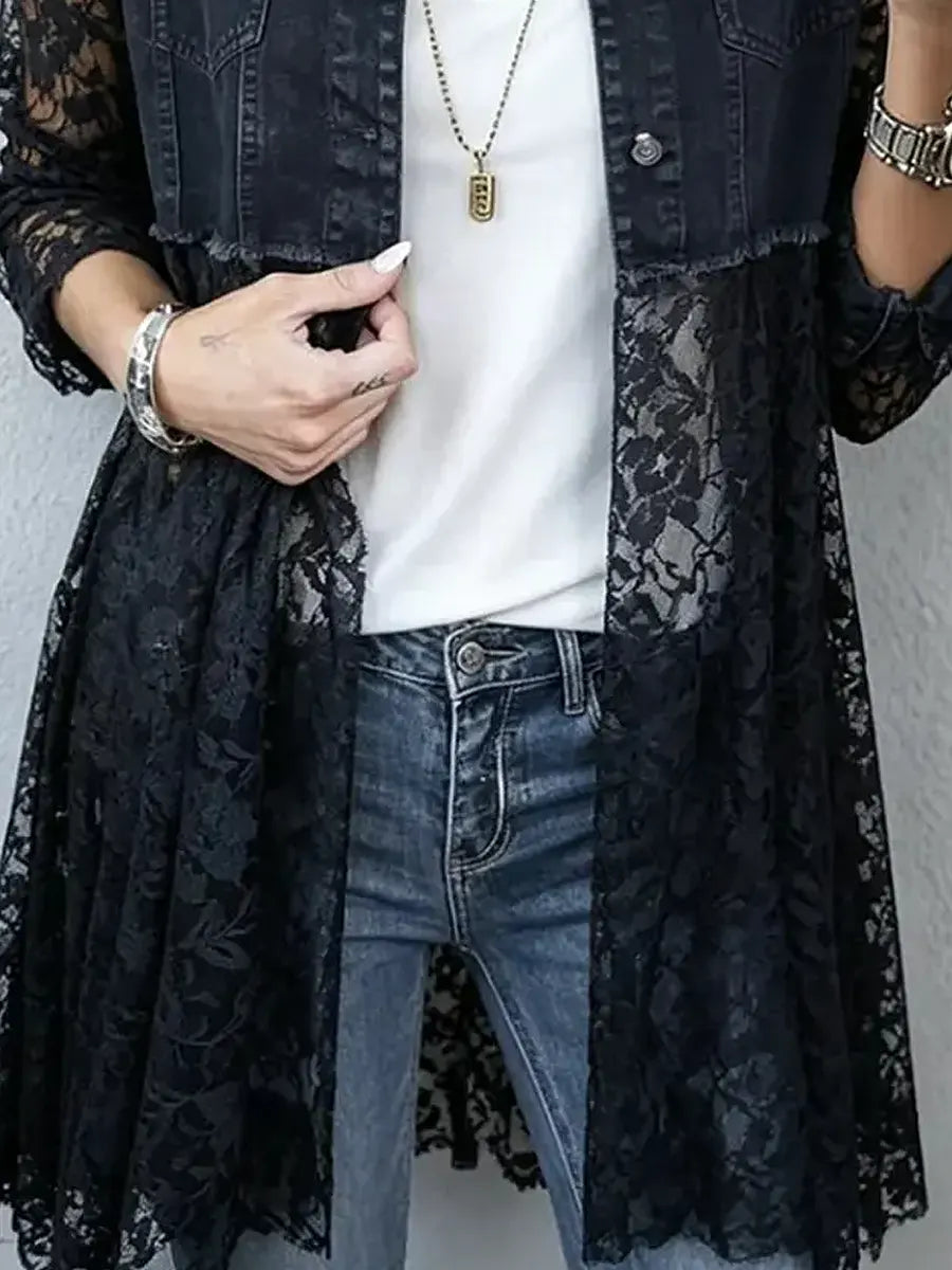 Retro Floral Lace Patchwork Art Casual Stylish Long Sleeve Denim Coat