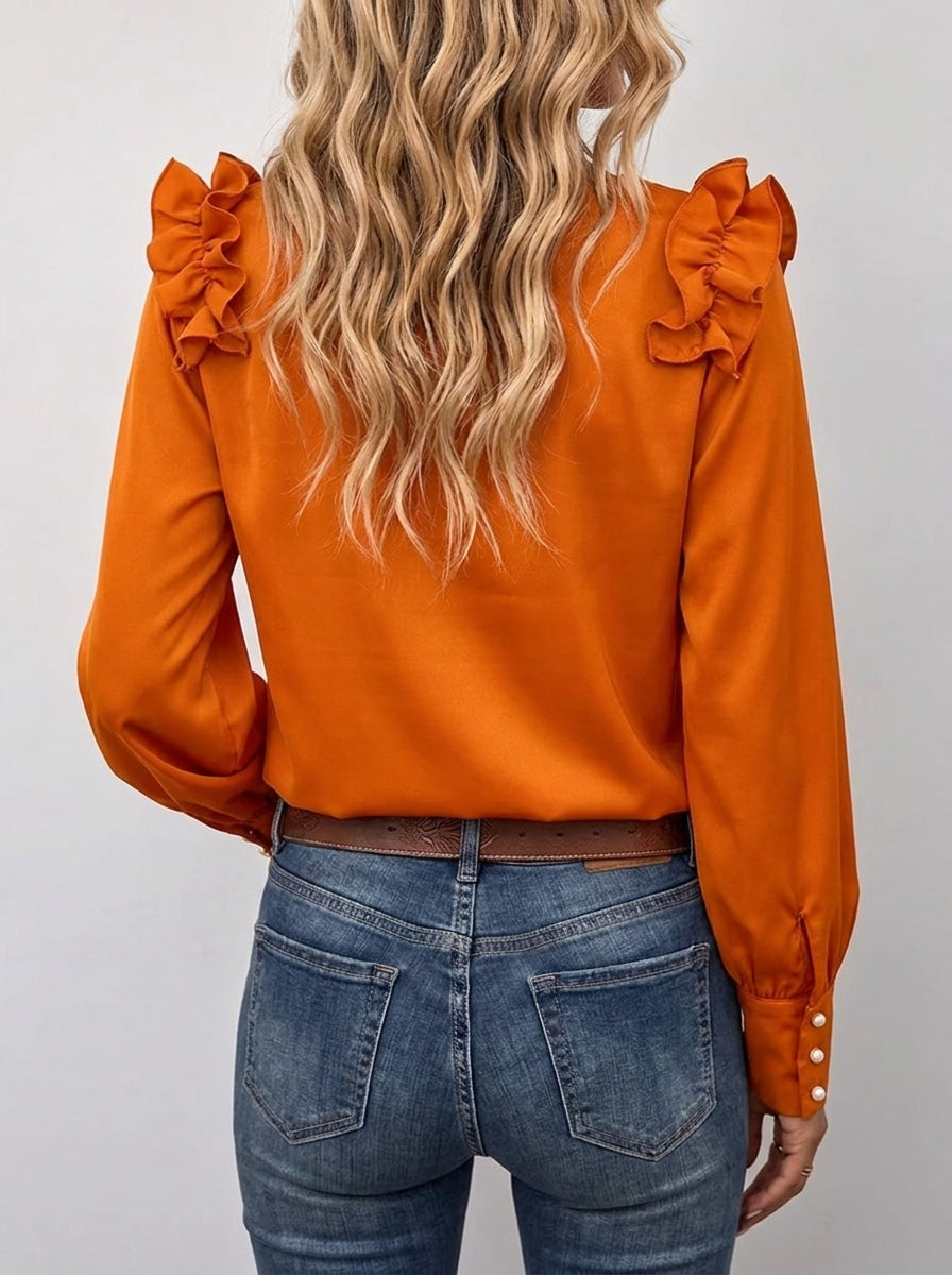 Women Orange Ruffle Shoulder Blouse Round Neck Pearl Button Long Sleeve Casual Top