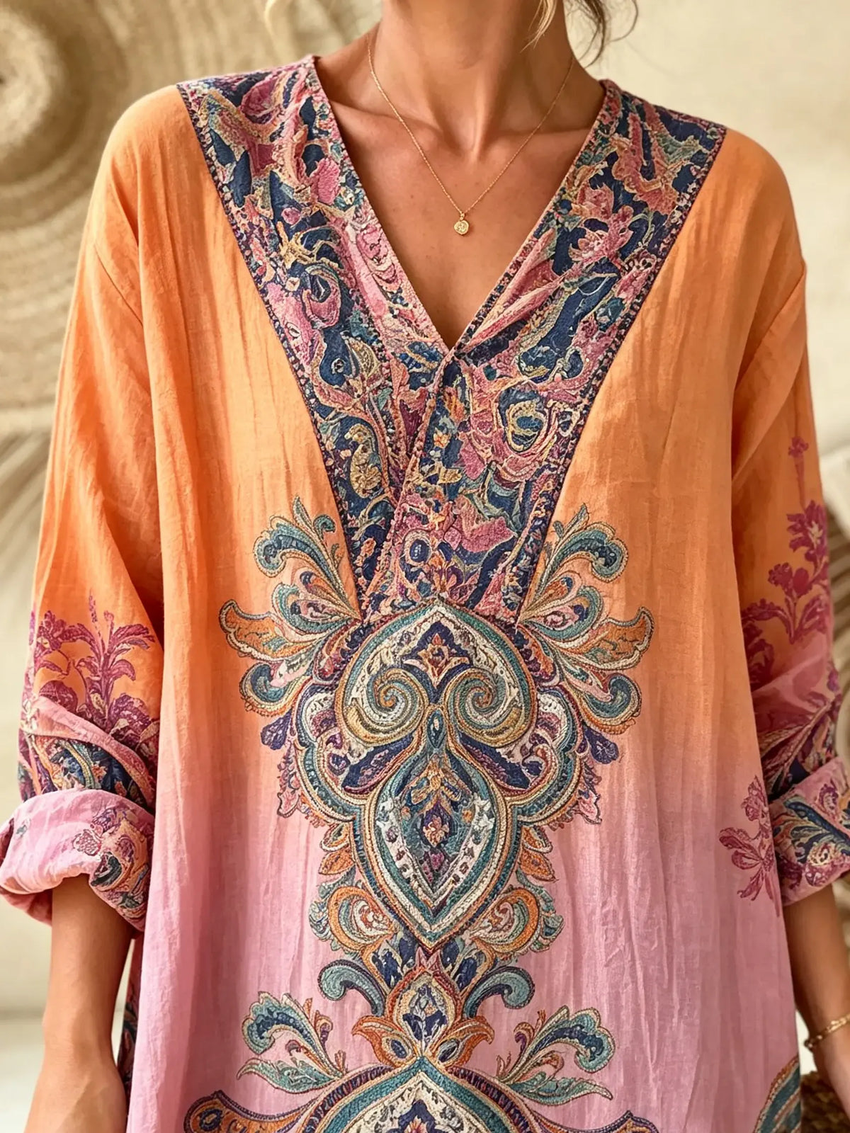 Women Gradient Orange Pink Paisley V-Neck Loose 3/4 Sleeve Maxi Dress