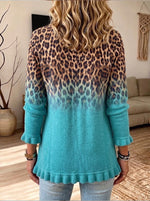 Turquoise Leopard Gradient Ruffle Trim Knit Cardigan