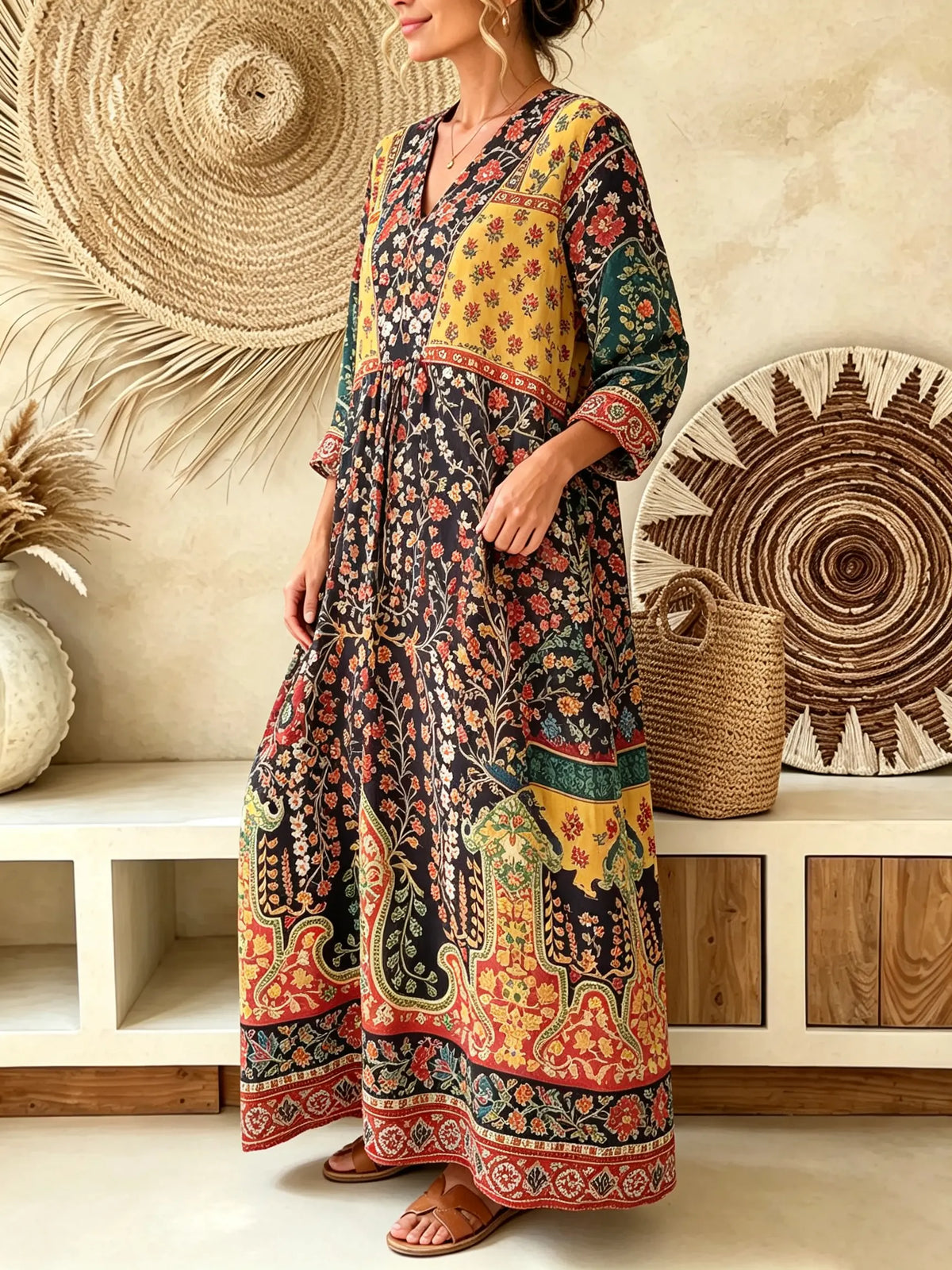 Women Exotic Paisley Floral V-Neck 3/4 Sleeve Vacation Maxi Dress