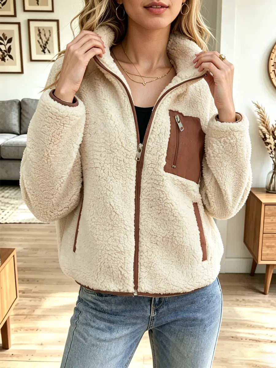 Retro Zip Fleece Pockets Art Casual Stylish Long Sleeve Coat