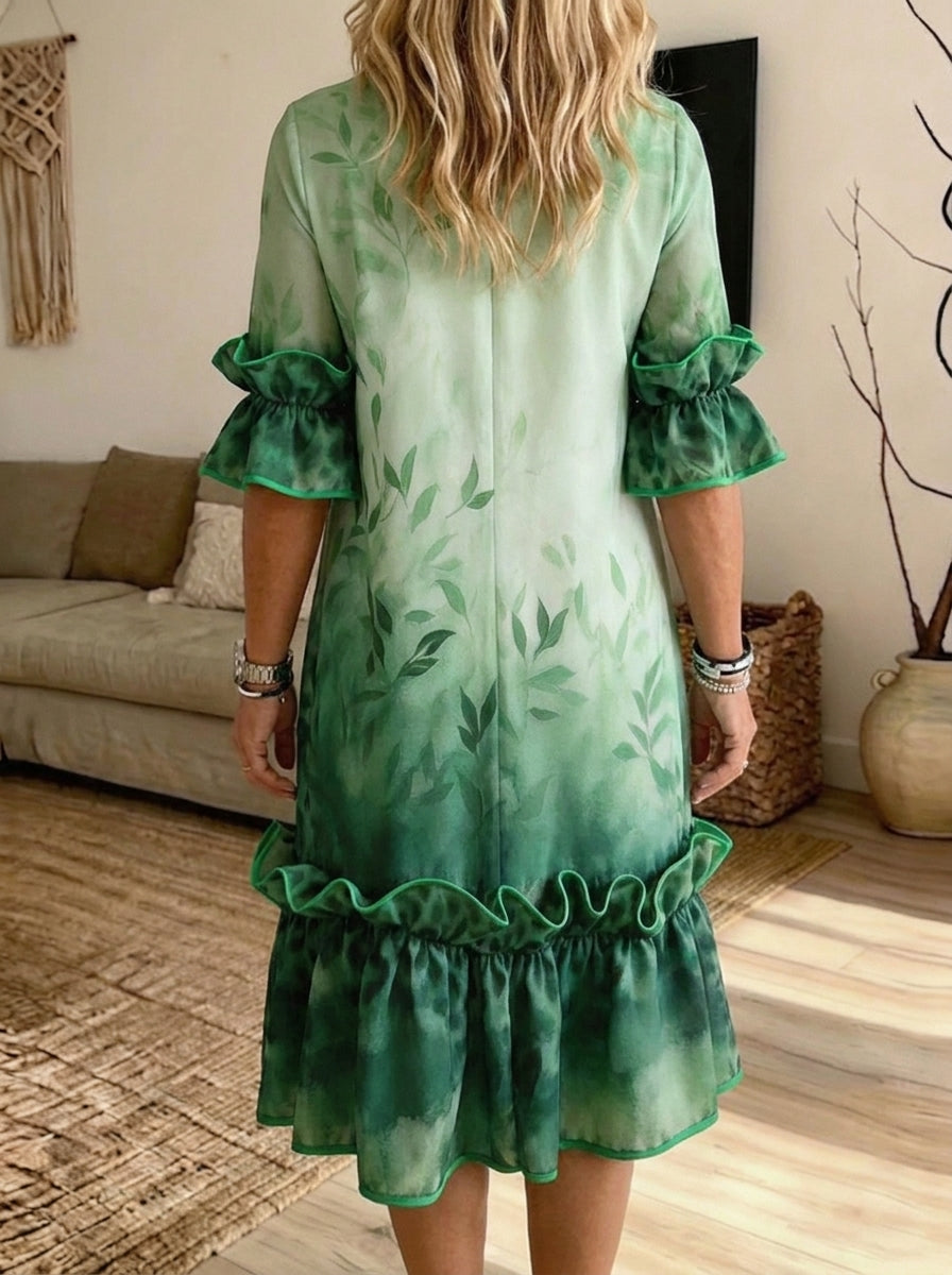Women Green Leaf Print Midi Dress Ruffle Short Sleeve Crew Neck Loose Dress With Side Pockets