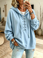 Women Light Blue Front Lace-Up V-Neck Oversized Drop Shoulder Hoodie