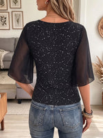 Women's Sequin Sheer Mesh Puff Sleeve Top