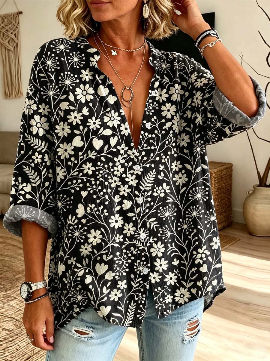 Retro Floral Pattern Art Print Casual Long Sleeve Cotton Linen Shirt