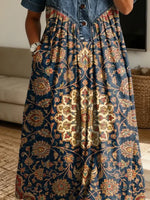 Retro Floral Pattern Art Print Casual Stylish Lapel Denim Patchwork Dress