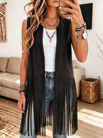 Women Western Suede Sleeveless Open Front Long Fringe Vest