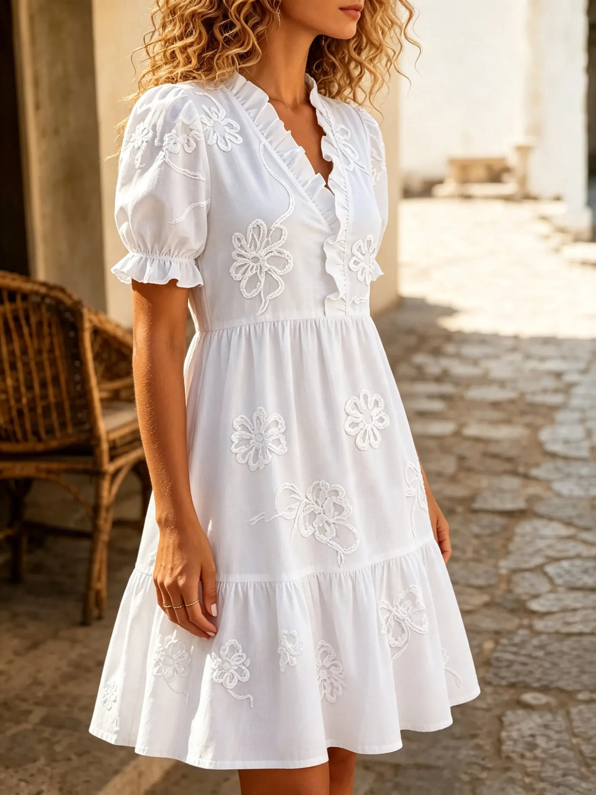 Women's Floral Embroidered Tiered Mini Dress