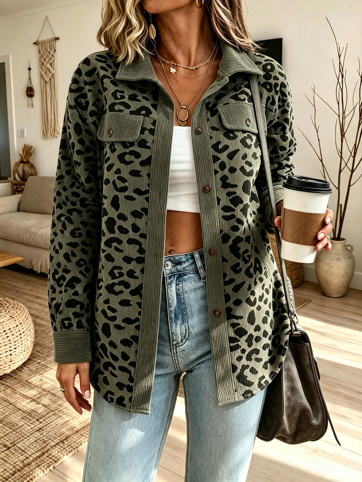 Women Leopard Print Corduroy Collared Jacket