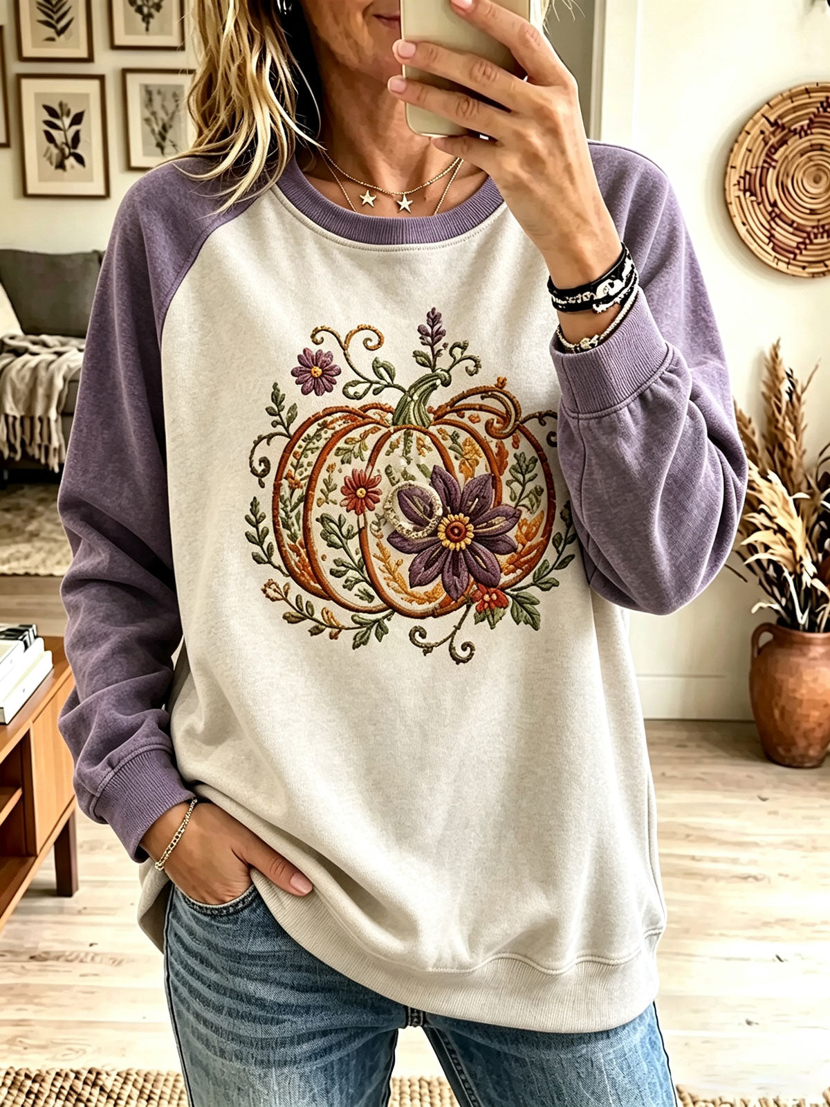 Women Floral Pumpkin Embroidery Look Raglan Crewneck Sweatshirt
