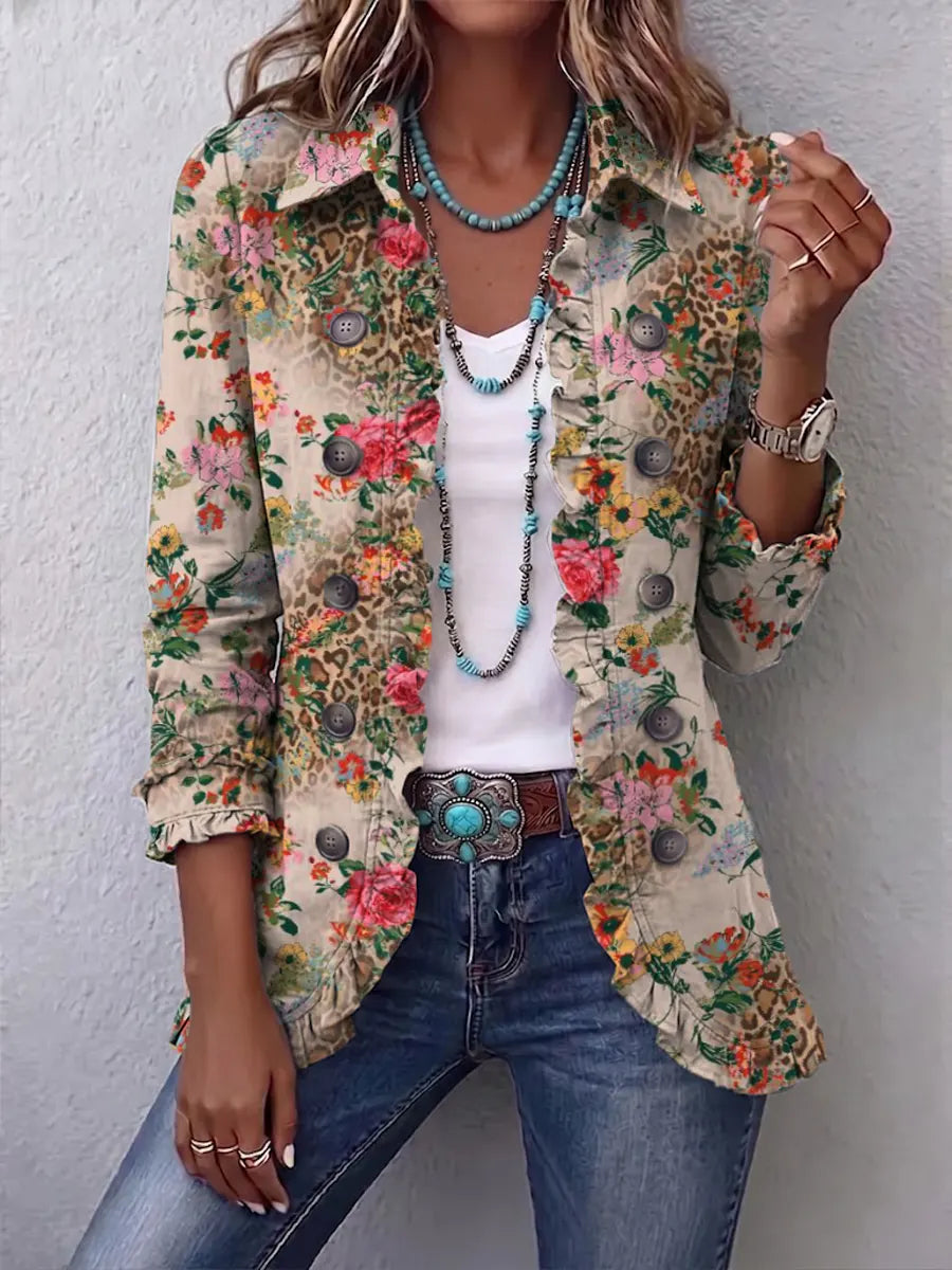 Retro Floral Leopard Pattern Art Print Ruffle Casual Stylish Cotton Lapel Coat