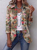 Retro Floral Leopard Pattern Art Print Ruffle Casual Stylish Cotton Lapel Coat