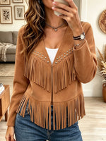 Women's Faux Suede Fringe Cardigan Coat with Studded Metal Details Open Front Tops