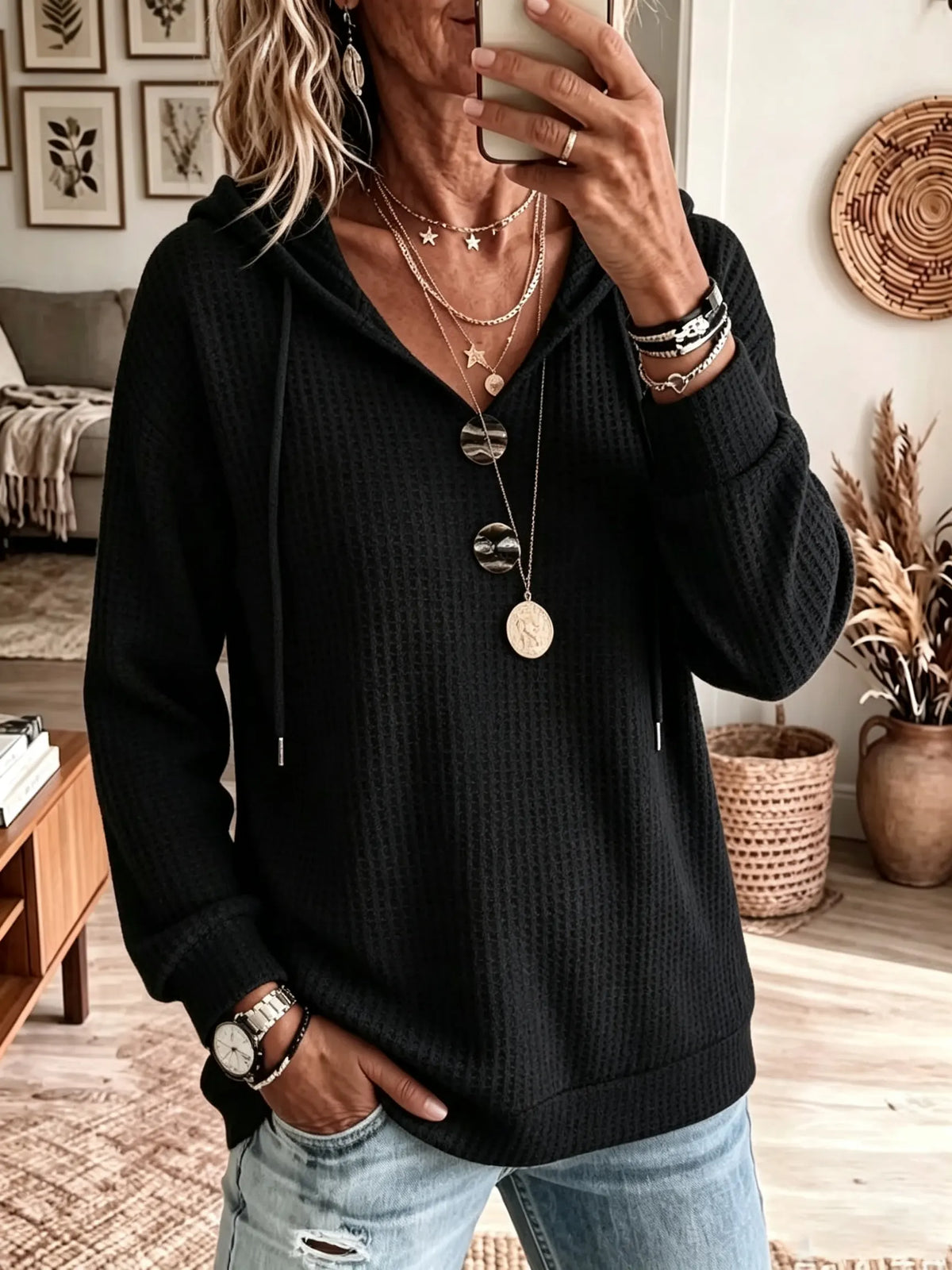 Women's Waffle Knit Drawstring Hooded Sweater