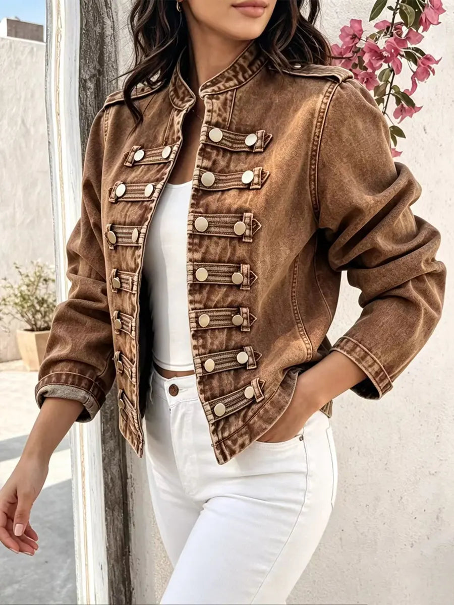 Retro Solid Color Stand Collar Art Casual Stylish Long Sleeve Denim Coat