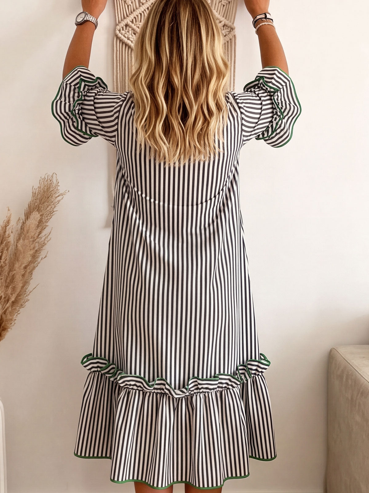 Green Trim Stripe Flounce Sleeve Pocket Midi Dress