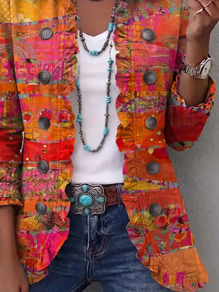 Retro Patchwork Art Pattern Print Ruffle Casual Stylish Cotton Lapel Coat