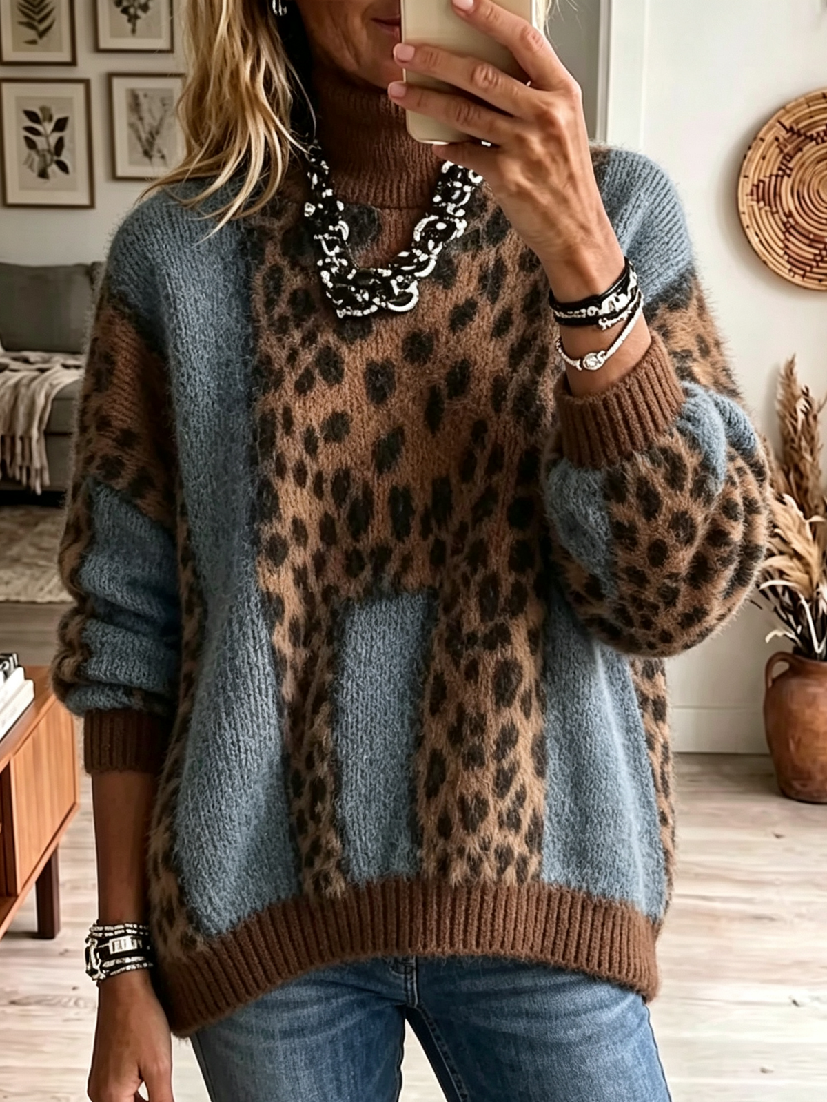 Women's Color-Block Leopard Print Turtleneck Sweater
